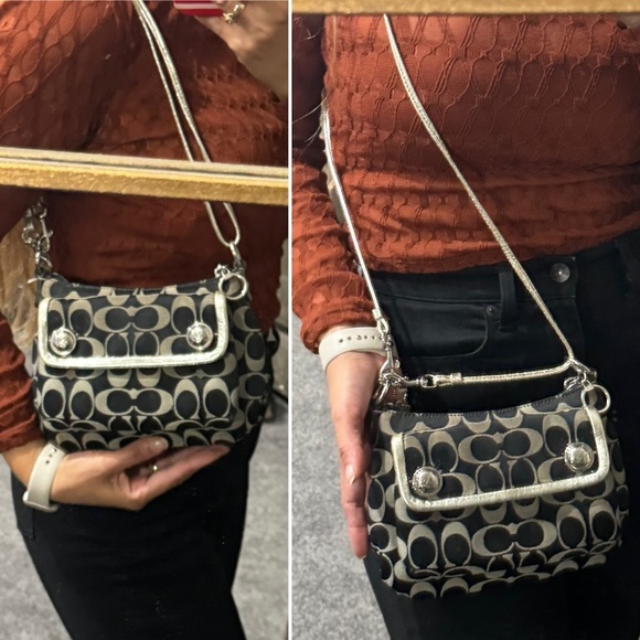 Coach Poppy Signature Pleated Crossbody Bag in Black/Grey Metallic Silver - Picture 8 of 11